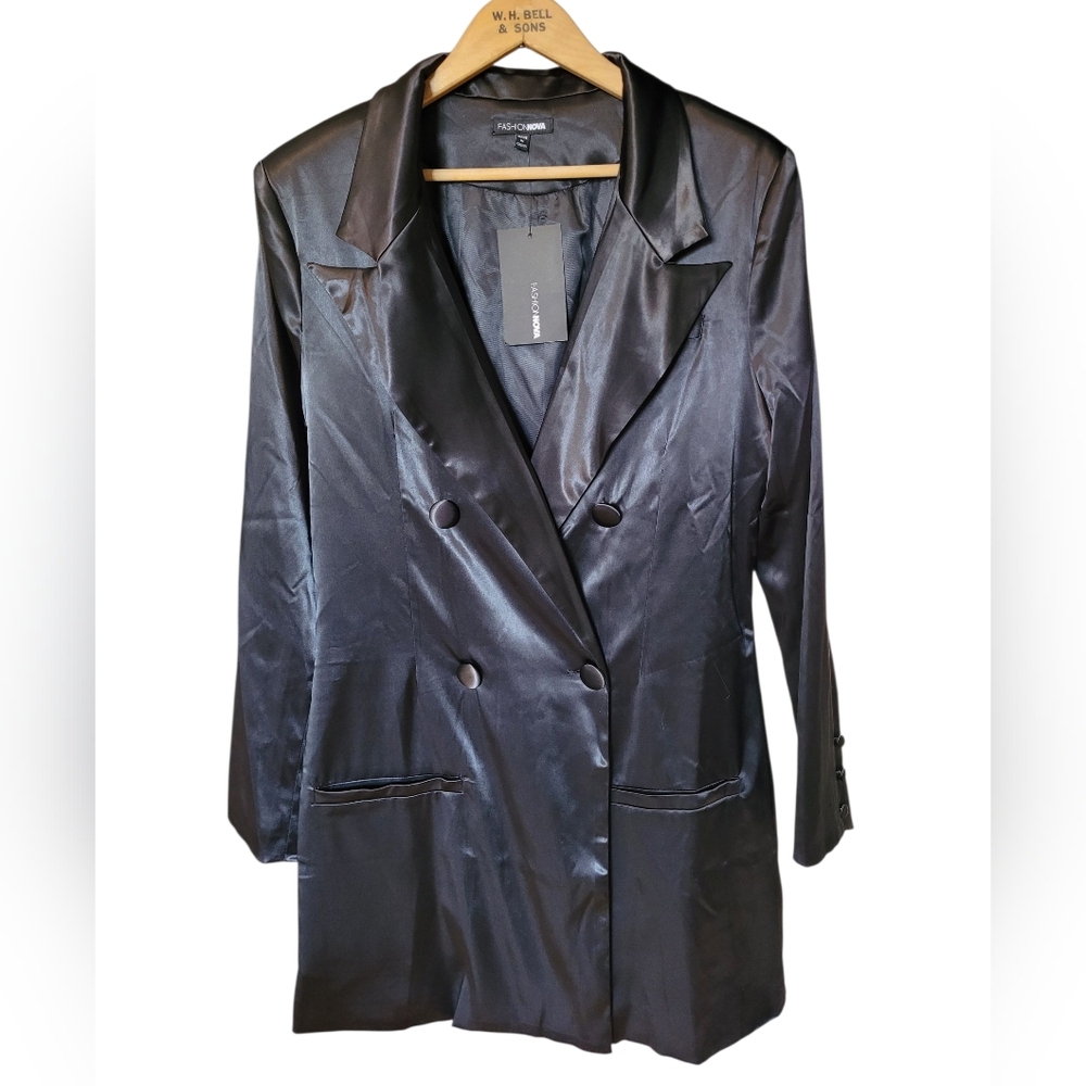 NWT Satin Fashion Nova Black The Future Is Ours Satin Blazer Dark Academia